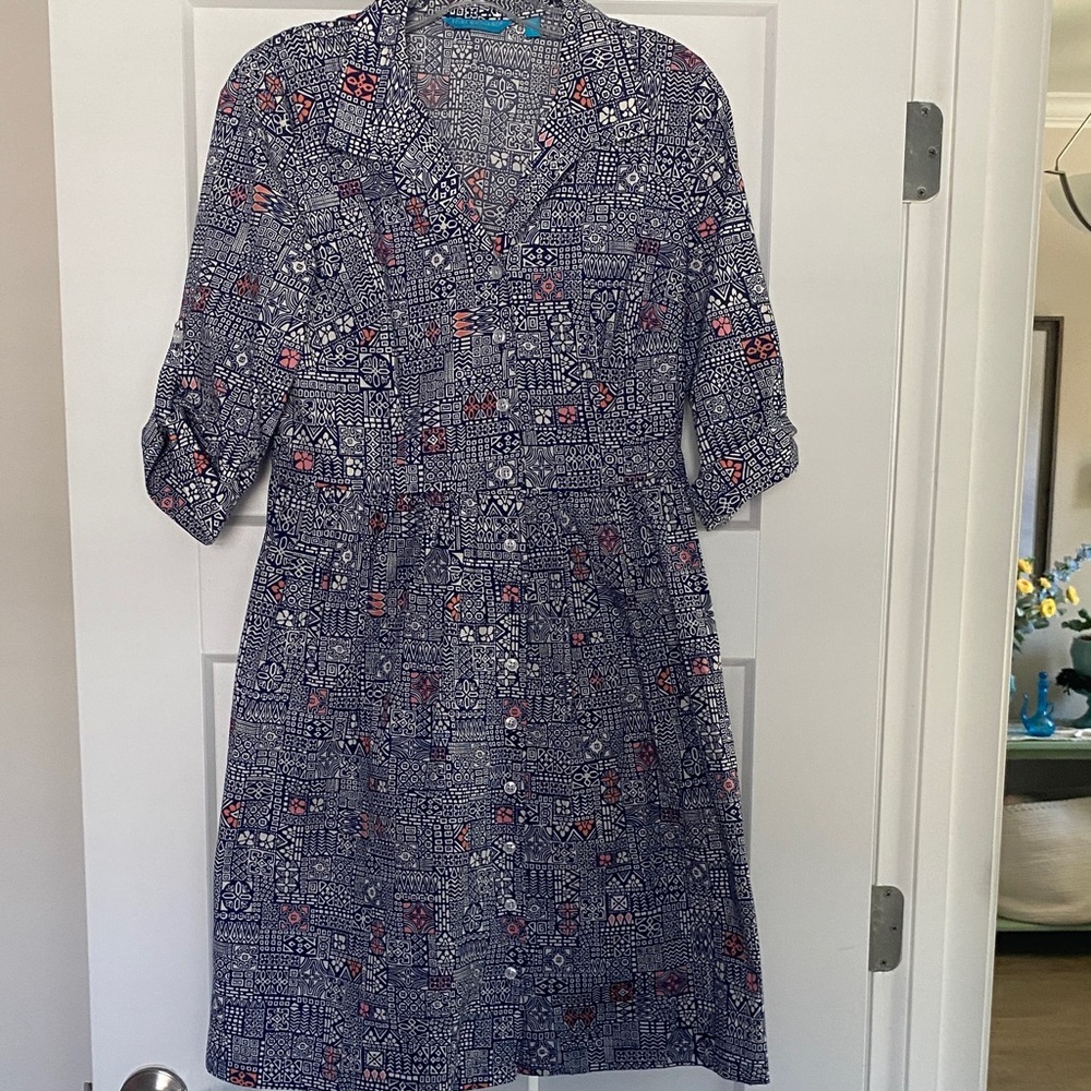 Tori Richard Navy and Red Patterned Long Sleeve Dress